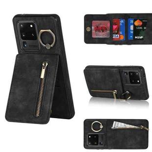 For Samsung Galaxy S20 Ultra Retro Ring and Zipper RFID Card Slot Phone Case(Black)
