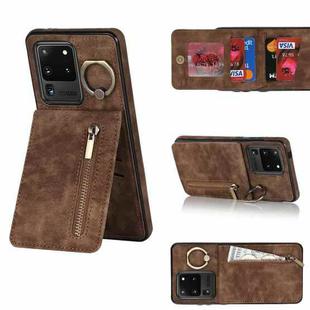 For Samsung Galaxy S20 Ultra Retro Ring and Zipper RFID Card Slot Phone Case(Brown)