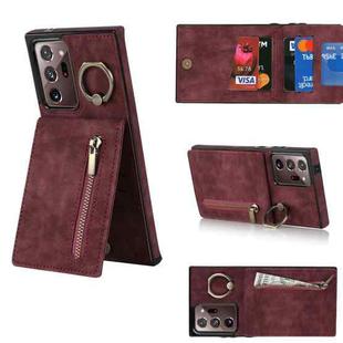 For Samsung Galaxy Note20 Ultra Retro Ring and Zipper RFID Card Slot Phone Case(Wine Red)