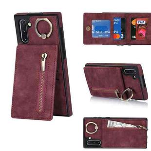 For Samsung Galaxy Note10 Retro Ring and Zipper RFID Card Slot Phone Case(Wine Red)