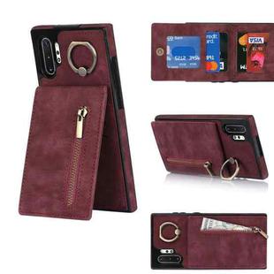 For Samsung Galaxy Note10+ Retro Ring and Zipper RFID Card Slot Phone Case(Wine Red)