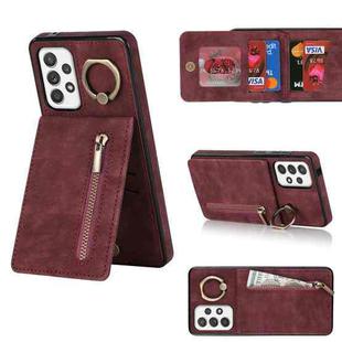 For Samsung Galaxy A52 5G Retro Ring and Zipper RFID Card Slot Phone Case(Wine Red)