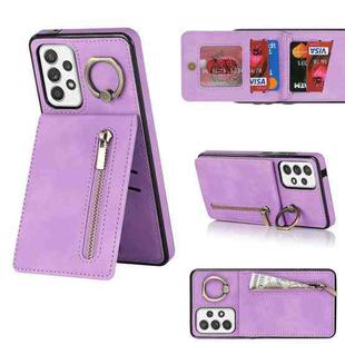 For Samsung Galaxy A52 5G Retro Ring and Zipper RFID Card Slot Phone Case(Purple)