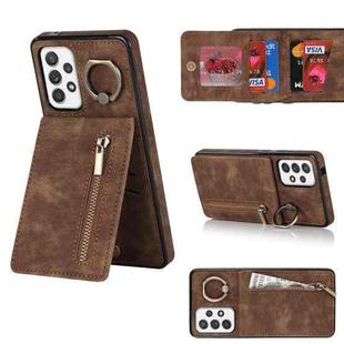 For Samsung Galaxy A52 5G Retro Ring and Zipper RFID Card Slot Phone Case(Brown)