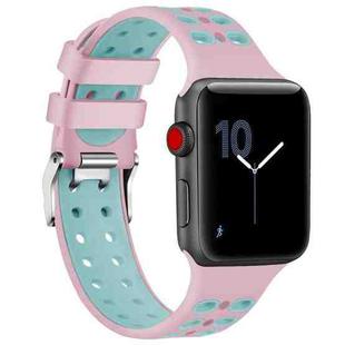 For Apple Watch Series 7 41mm / 6 & SE & 5 & 4 40mm / 3 & 2 & 1 38mm Two-color Double-breasted Silicone Watch Band(Pink Green)