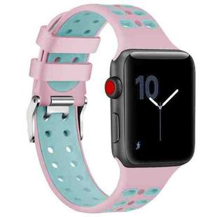 For Apple Watch Series 7 45mm / 6 & SE & 5 & 4 44mm / 3 & 2 & 1 42mm Two-color Double-breasted Silicone Watch Band(Pink Green)