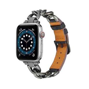 Chain + Leather Watch Band For Apple Watch Series 9&8&7 41mm / SE 3&SE 2&6&SE&5&4 40mm / 3&2&1 38mm (Black+Black)