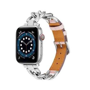 Chain + Leather Watch Band For Apple Watch Series 9&8&7 41mm / SE 3&SE 2&6&SE&5&4 40mm / 3&2&1 38mm (Silver + Pink)