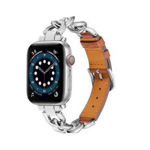 Chain + Leather Watch Band For Apple Watch Series 9&8&7 41mm / SE 3&SE 2&6&SE&5&4 40mm / 3&2&1 38mm (Silver + Brown)