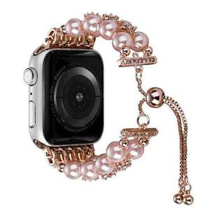 Double Row Beads Telescopic Chain Watch Band For Apple Watch Ultra 49mm&Watch Ultra 2 49mm / Series 9&8&7 45mm / SE 3&SE 2&6&SE&5&4 44mm / 3&2&1 42mm(Pearl pink)