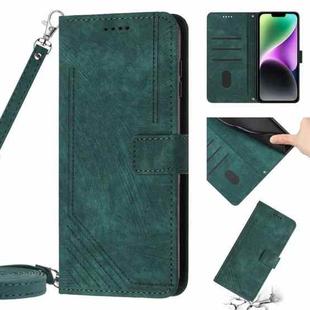 For iPhone 14 / 13 Skin Feel Stripe Pattern Leather Phone Case with Lanyard(Green)