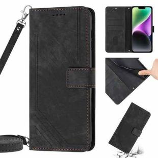 For iPhone 14 Plus Skin Feel Stripe Pattern Leather Phone Case with Lanyard(Black)