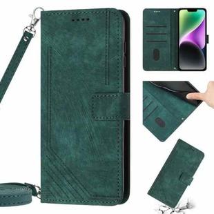 For iPhone 14 Pro Max Skin Feel Stripe Pattern Leather Phone Case with Lanyard(Green)