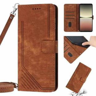 For Sony Xperia 1 IV Skin Feel Stripe Pattern Leather Phone Case with Lanyard(Brown)