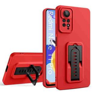 For Xiaomi Redmi Note 11S / Redmi Note 11 4G Global Strap Holder Shockproof Protective Phone Case with Lens Film(Red + Black)