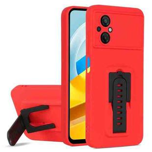 For Xiaomi Poco M4 / M5 5G Strap Holder Shockproof Protective Phone Case with Lens Film(Red + Black)