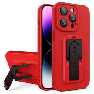 For iPhone 13 Pro Strap Holder Shockproof Protective Phone Case with Lens Film(Red + Black)