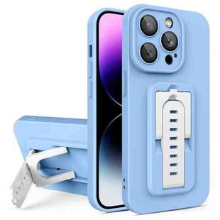 For iPhone 14 Pro Max Strap Holder Shockproof Protective Phone Case with Lens Film(Blue + White)