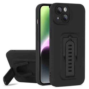 For iPhone 14 Plus Strap Holder Shockproof Protective Phone Case with Lens Film(Black)