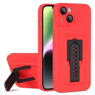For iPhone 14 Strap Holder Shockproof Protective Phone Case with Lens Film(Red + Black)