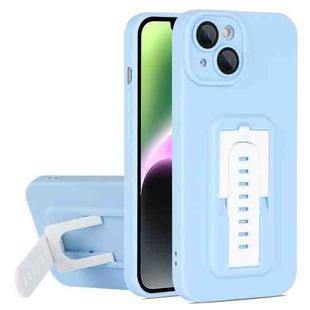 For iPhone 14 Strap Holder Shockproof Protective Phone Case with Lens Film(Blue + White)