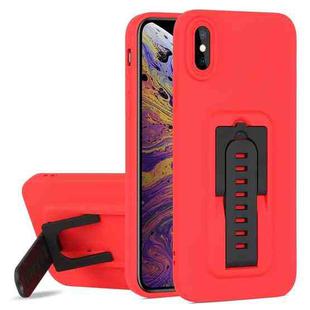 For iPhone XS Strap Holder Shockproof Protective Phone Case with Lens Film(Red + Black)