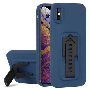 For iPhone XS Strap Holder Shockproof Protective Phone Case with Lens Film(Blue + Black)