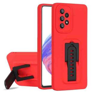 For Samsung Galaxy A53 5G Strap Holder Shockproof Protective Phone Case with Lens Film(Red + Black)