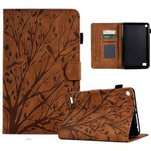 For Amazon Fire 7 2015 2017 2019 Fortune Tree Pressure Flower PU Tablet Case with Wake-up / Sleep Function(Brown)