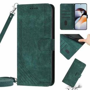 For OnePlus 11 Skin Feel Stripe Pattern Leather Phone Case with Lanyard(Green)