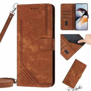 Skin Feel Stripe Pattern Leather Phone Case with Lanyard for OnePlus Nord N20 5G Global / OPPO Reno7 Z 5G/Reno7 Lite 5G/Reno8 Lite 5G Global/F21 Pro 5G India(Brown)