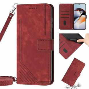 Skin Feel Stripe Pattern Leather Phone Case with Lanyard for OnePlus Nord N20 5G Global / OPPO Reno7 Z 5G/Reno7 Lite 5G/Reno8 Lite 5G Global/F21 Pro 5G India(Red)