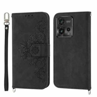 For Motorola Moto G73 5G Skin-feel Flowers Embossed Wallet Leather Phone Case(Black)