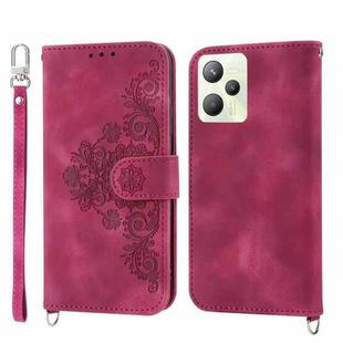 For OPPO Reno8 4G Global Skin-feel Flowers Embossed Wallet Leather Phone Case(Wine Red)