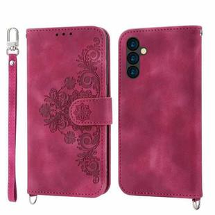 For Samsung Galaxy M14 5G Global Skin-feel Flowers Embossed Wallet Leather Phone Case(Wine Red)