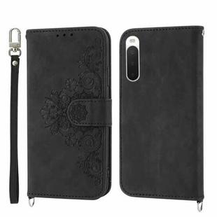 For Sony Xperia 1 V 5G Skin-feel Flowers Embossed Wallet Leather Phone Case(Black)