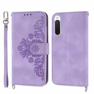 For Sony Xperia 10 V 4G Skin-feel Flowers Embossed Wallet Leather Phone Case(Purple)