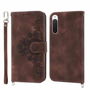 For Sony Xperia 10 V 4G Skin-feel Flowers Embossed Wallet Leather Phone Case(Brown)