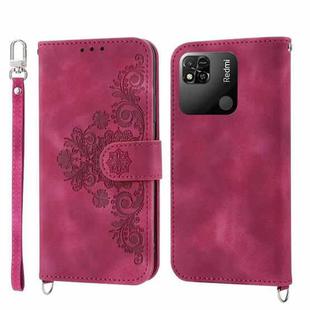 For Xiaomi Redmi 12C/11A Skin-feel Flowers Embossed Wallet Leather Phone Case(Wine Red)