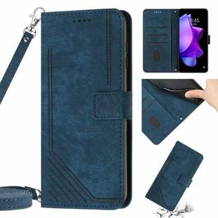 For Tecno Spark 9T Skin Feel Stripe Pattern Leather Phone Case with Lanyard(Blue)