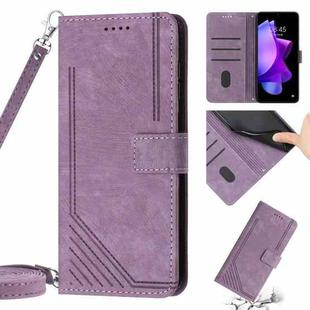 For Tecno Spark 9 Pro Skin Feel Stripe Pattern Leather Phone Case with Lanyard(Purple)