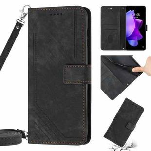 For Tecno Pova 4 Skin Feel Stripe Pattern Leather Phone Case with Lanyard(Black)