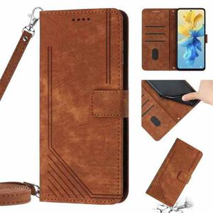 For Infinix Hot 20 Play Skin Feel Stripe Pattern Leather Phone Case with Lanyard(Brown)