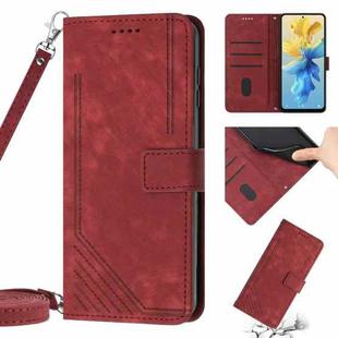 For Infinix Hot 20 Play Skin Feel Stripe Pattern Leather Phone Case with Lanyard(Red)