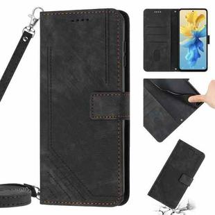 For Infinix Note 12 G96 Skin Feel Stripe Pattern Leather Phone Case with Lanyard(Black)