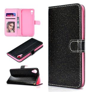 For iPhone XR Glitter Powder Horizontal Flip Leather Case with Card Slots & Holder & Photo Frame & Wallet(Black)