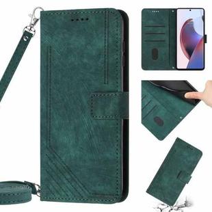 For Motorola Edge 30 Skin Feel Stripe Pattern Leather Phone Case with Lanyard(Green)