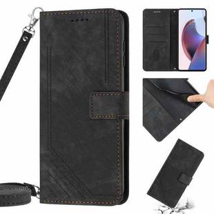 For Motorola Edge 30 Neo / 30 Lite Skin Feel Stripe Pattern Leather Phone Case with Lanyard(Black)