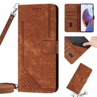 For Motorola Edge 30 Ultra / X30 Pro Skin Feel Stripe Pattern Leather Phone Case with Lanyard(Brown)