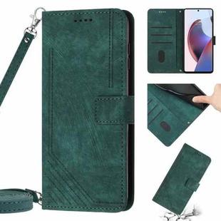 For Motorola Edge 2022 Skin Feel Stripe Pattern Leather Phone Case with Lanyard(Green)